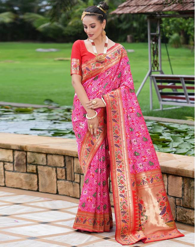 Woven, Embellished, Self Design Patola Art Silk Saree  (Pink, Gold, Multicolor)