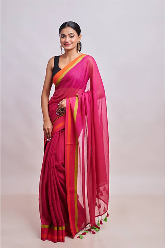Drapedivine Solid/Plain, Striped Handloom Mulmul Saree