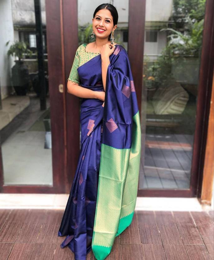 KRIYANSH Printed, Self Design, Striped, Woven, Temple Border, Embellished, Applique Kanjivaram Art Silk, Jacquard Saree