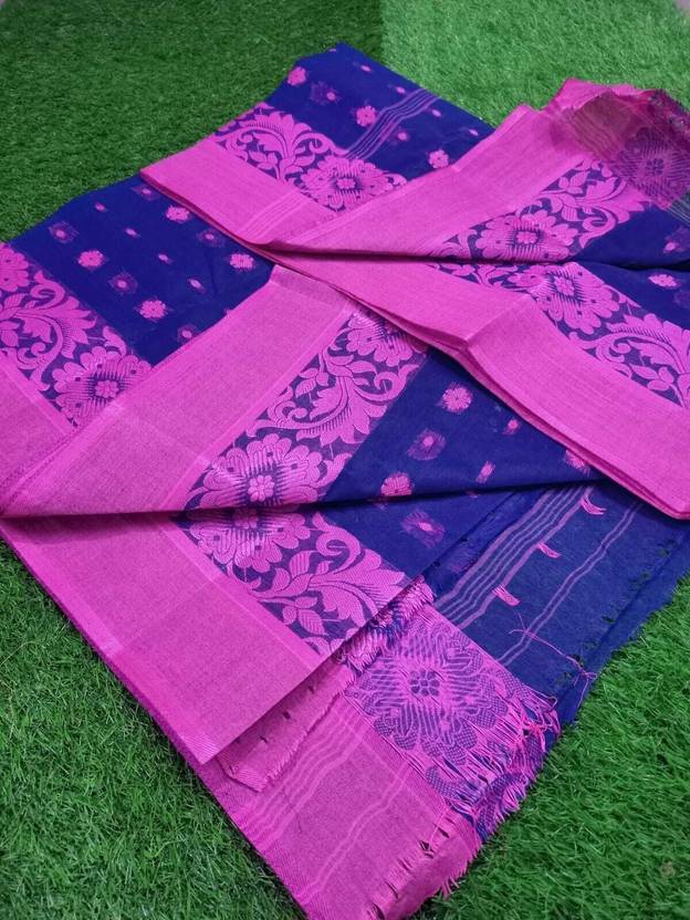 GitasStore Woven, Floral Print, Striped, Printed Tant Pure Cotton Saree