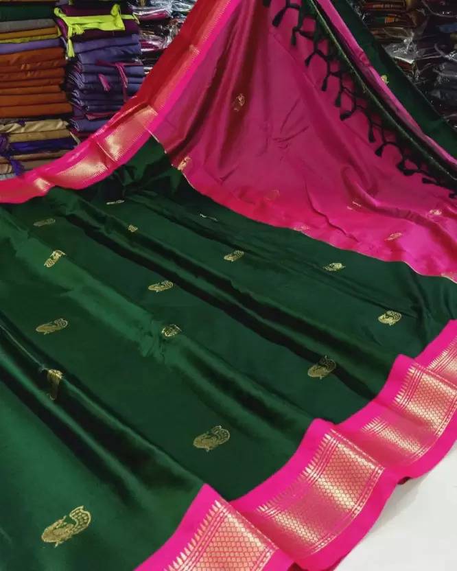 Bloriza Temple Border, Woven, Self Design Paithani Cotton Silk Saree