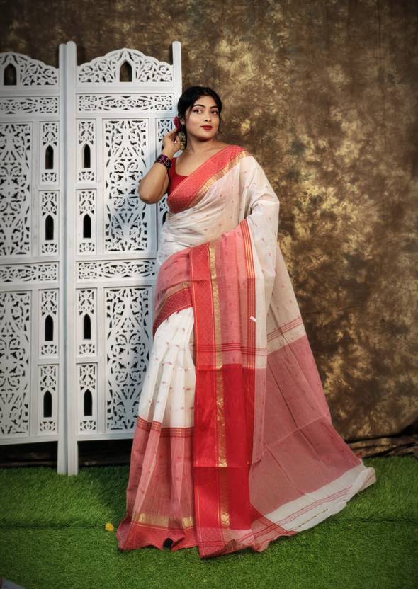 Reba saree centrer Self Design Tant Pure Cotton Saree (Light Blue)
