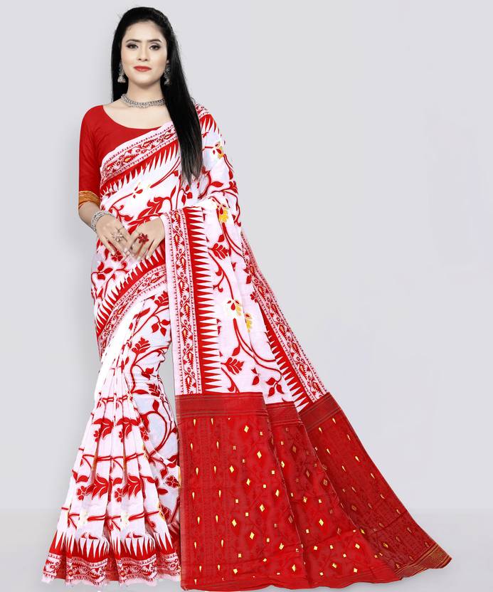 ARIYA PRINTS Floral Print Jamdani Cotton Silk Saree (Red, White)