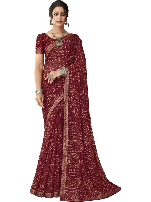 INDONIQ Graphic Print, Printed Bandhani Chiffon, Georgette Saree