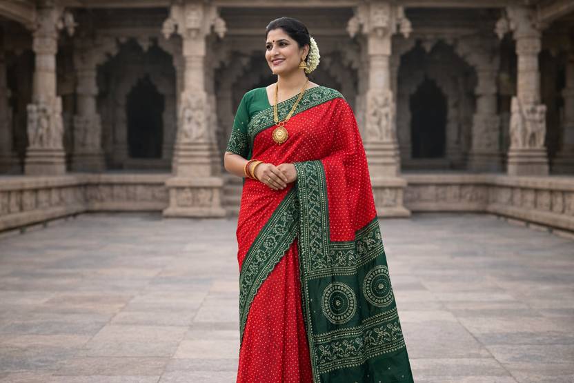 Legacy hub Polka Print, Printed Bandhani Satin Saree