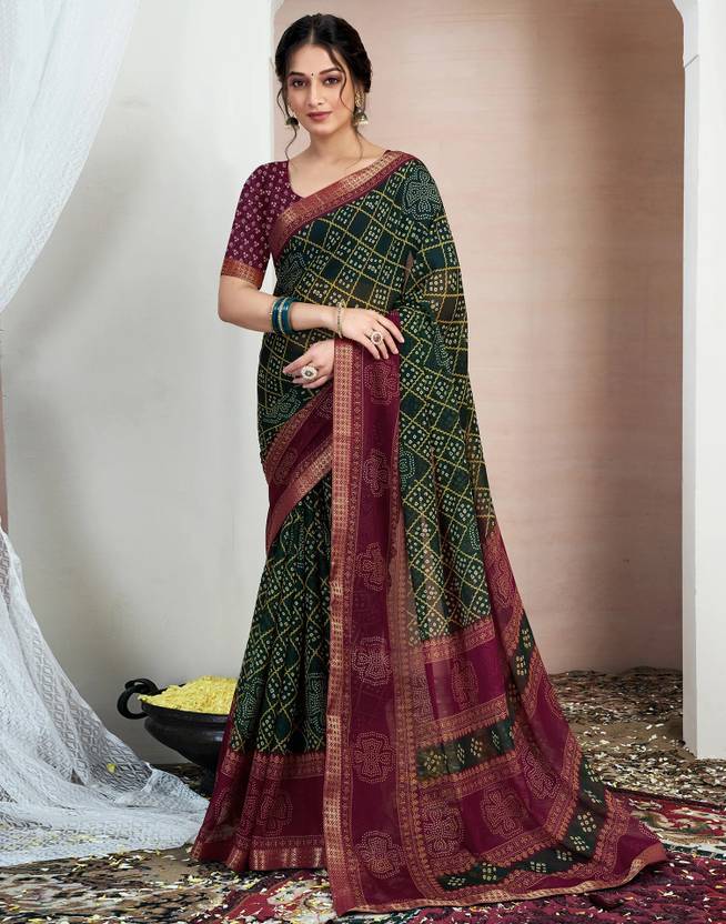 Samah Printed, Embellished Bandhani Chiffon, Georgette Saree (Green, Maroon)