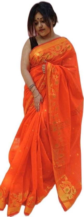 AjoyDas Woven, Floral Print Handloom Pure Cotton Saree