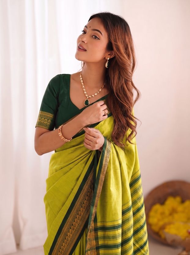 ASTIKA Fashion Yellow Cotton Silk Saree - Image 10