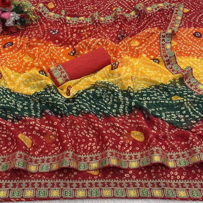 VARUN SILK Printed Bandhani Georgette Saree