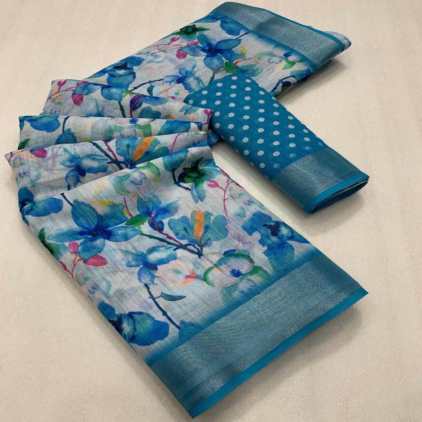 Peachmode Floral Print, Digital Print, Polka Print, Printed Bollywood Linen Saree