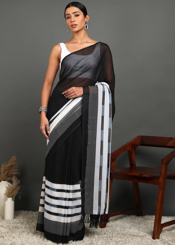 Leelavati Printed Daily Wear Georgette Saree (White, Black)
