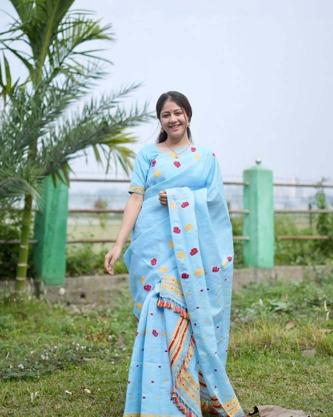VARCREATION Woven, Floral Print Mekhela Chador Pure Cotton Saree
