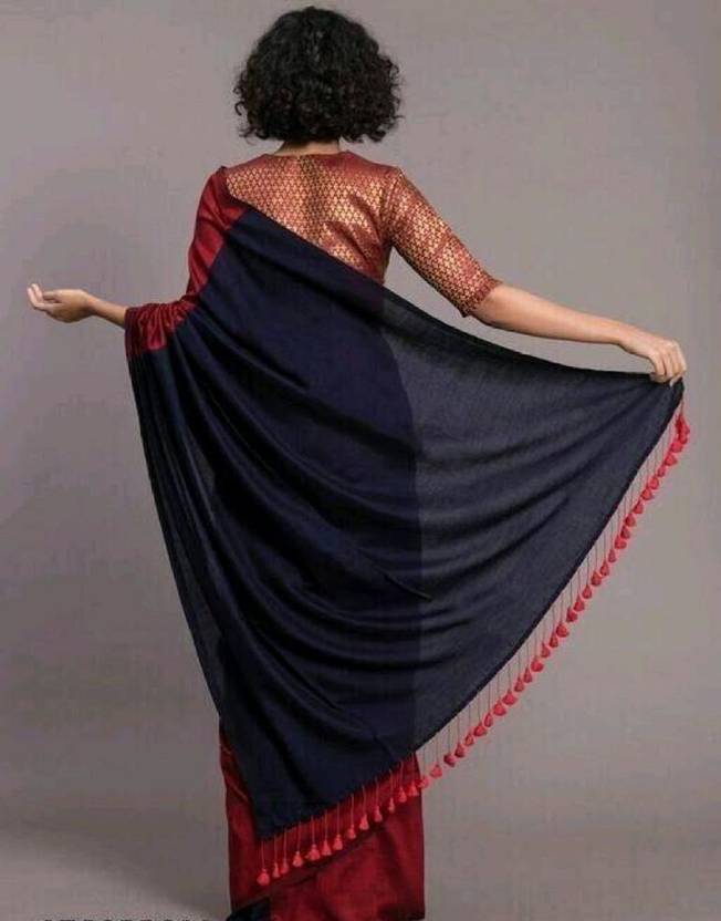 BongAp Solid/Plain Handloom Cotton Blend Saree