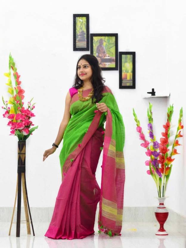 Shyamali Boutique Solid/Plain Handloom Cotton Silk Saree