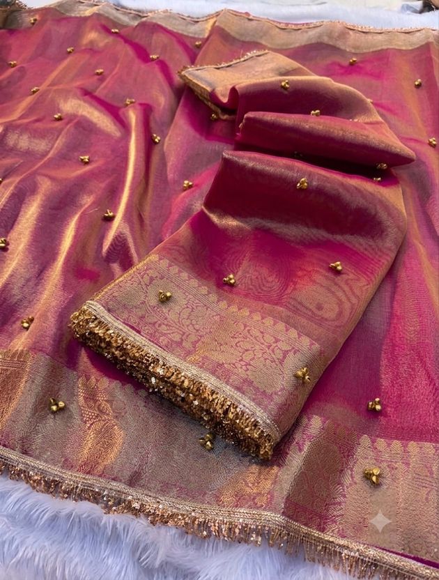 HouseofQueen बुना हुआ बनारसी टिश्यु साड़ी (नीला) - Image 5