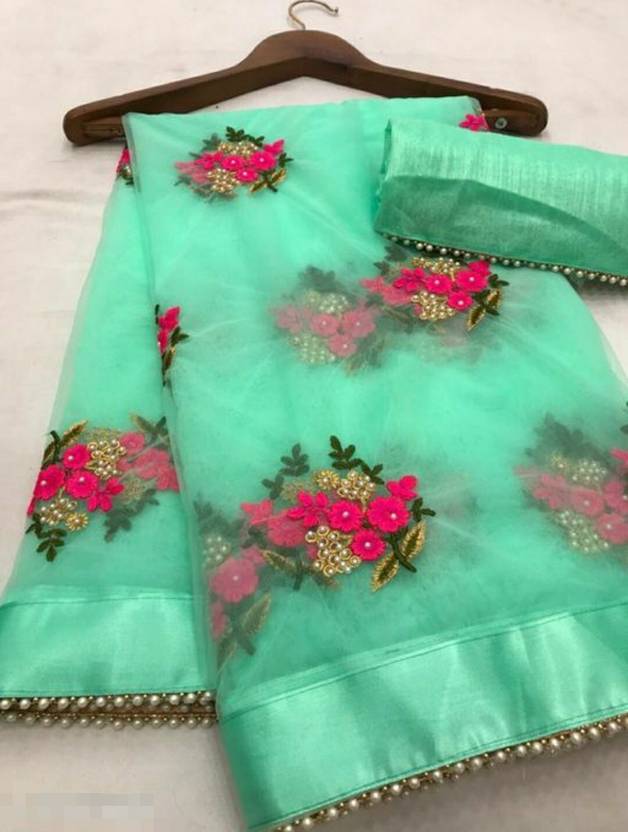 vallavi fashion Embroidered Bollywood Net Saree (Green)
