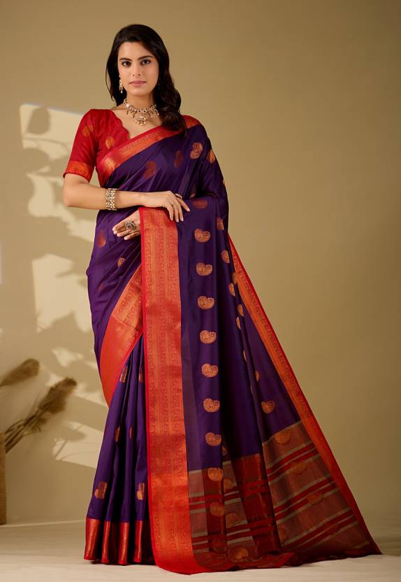 BHADRAVATI Woven, Paisley, Temple Border Banarasi Jacquard, Cotton Silk Saree
