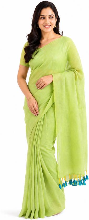 KISHORI MART Solid/Plain Daily Wear Cotton Blend Saree