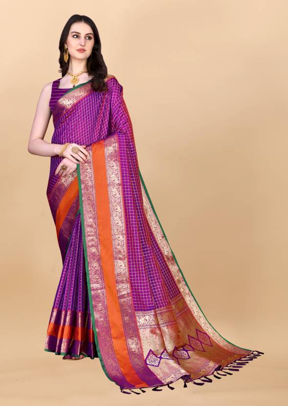 KRIYANS Checkered, Woven Banarasi Art Silk Saree