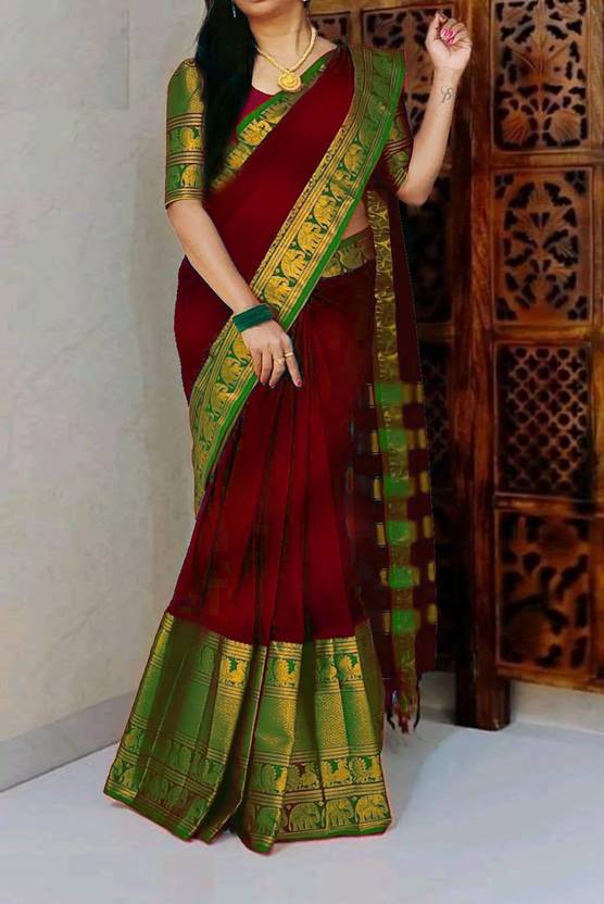 SuperLaxmi Woven Narayanpet Cotton Blend, Cotton Silk Saree (Brown)