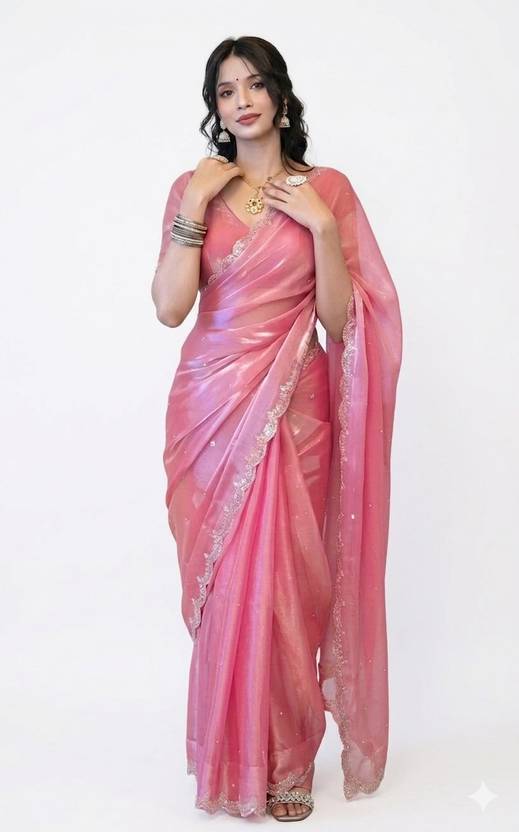 SPIRISA ETHINIC Embellished, Solid/Plain Daily Wear Organza Saree