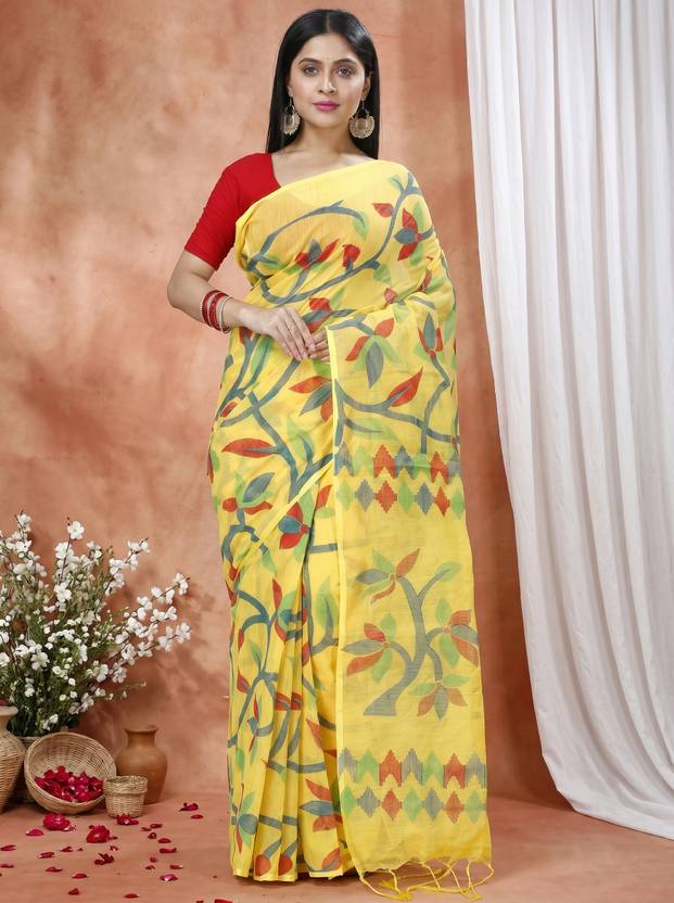 PuJoy Printed Handloom Pure Cotton Saree