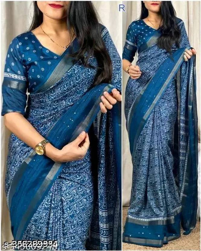 Sanwariya Silks Floral Print Chanderi Cotton Blend Saree (Dark Green)