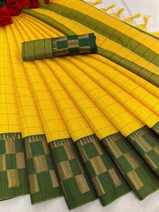 KanjiQueen Woven Kanjivaram Silk Blend, Cotton Blend Saree (Yellow)