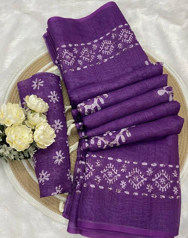 Anshal Printed Hand Batik Linen Saree
