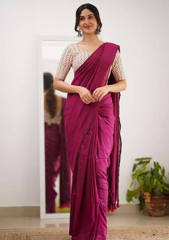 HouseOfCommon Solid/Plain Handloom Khadi, Pure Cotton Saree