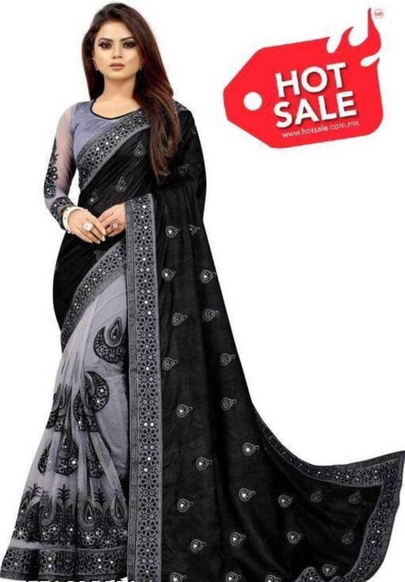 FERVIK FASHION Embroidered Daily Wear Art Silk Saree (Black, Grey)