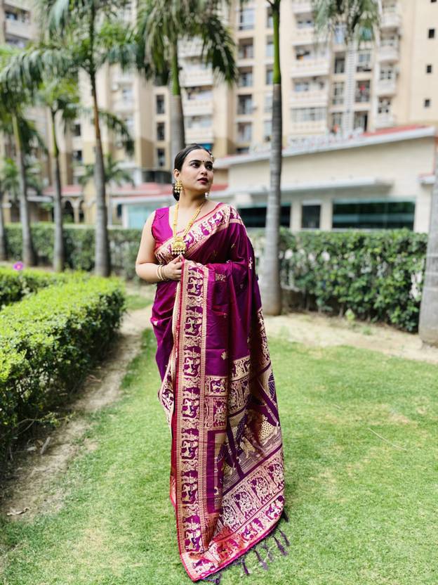 yourwish Temple Border, Woven, Self Design Baluchari Art Silk Saree