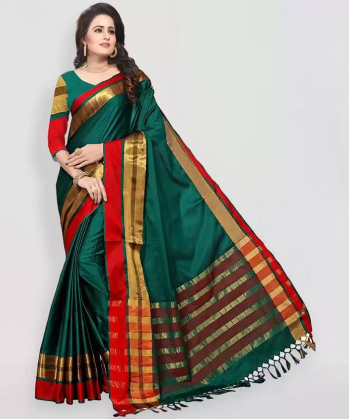 VJ FASHION Self Design Bollywood Cotton Blend Saree (Green)