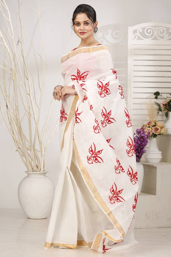PuJoy Embroidered, Woven Tant Pure Cotton Saree