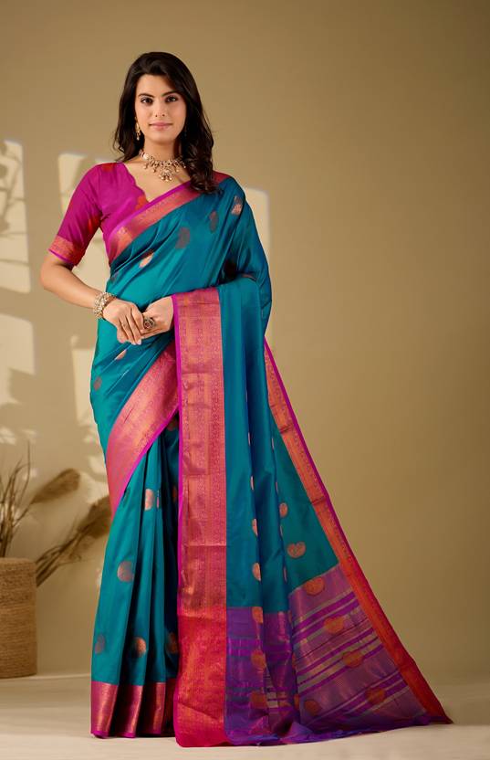 BHADRAVATI Woven, Paisley, Temple Border Banarasi Jacquard, Cotton Silk Saree