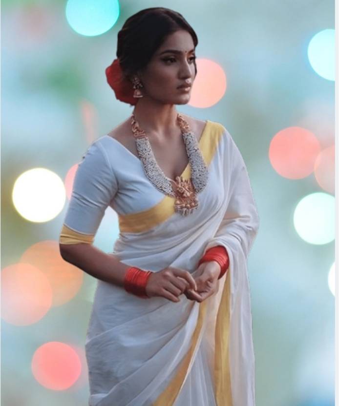 ANTIK Solid/Plain, Woven Kasavu Art Silk Saree