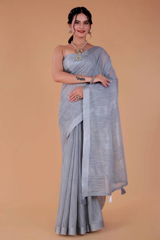 NEGRONI Solid/Plain Daily Wear Linen Saree
