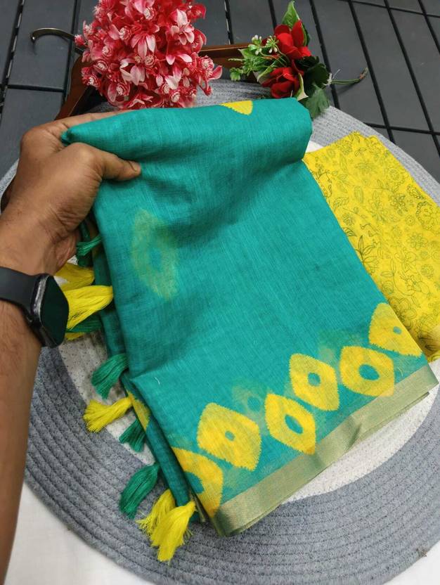 Anshal Striped, Floral Print Daily Wear Cotton Linen Saree