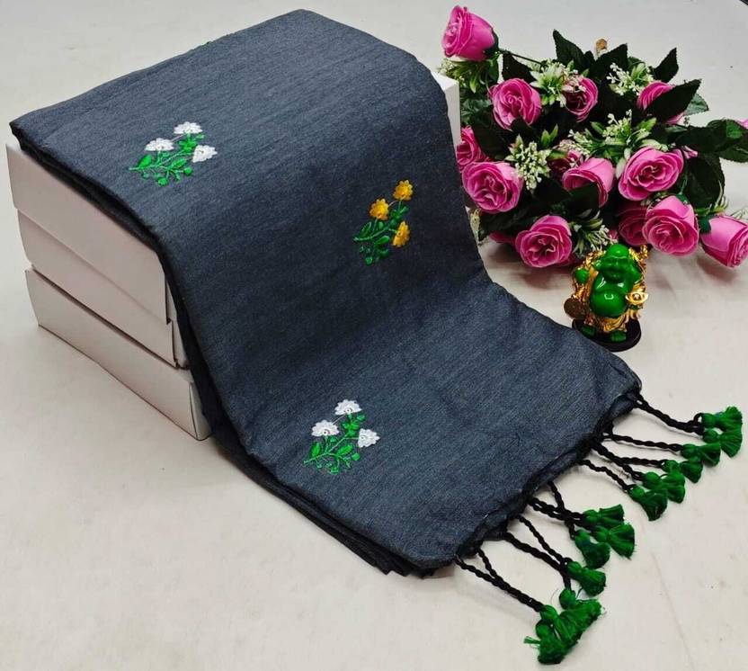 BargitFashion Embroidered Daily Wear Khadi, Pure Cotton Saree