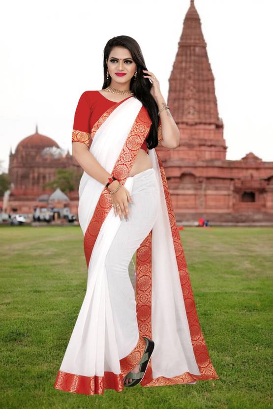 Volmina Solid/Plain Chanderi Cotton Blend Saree (White)