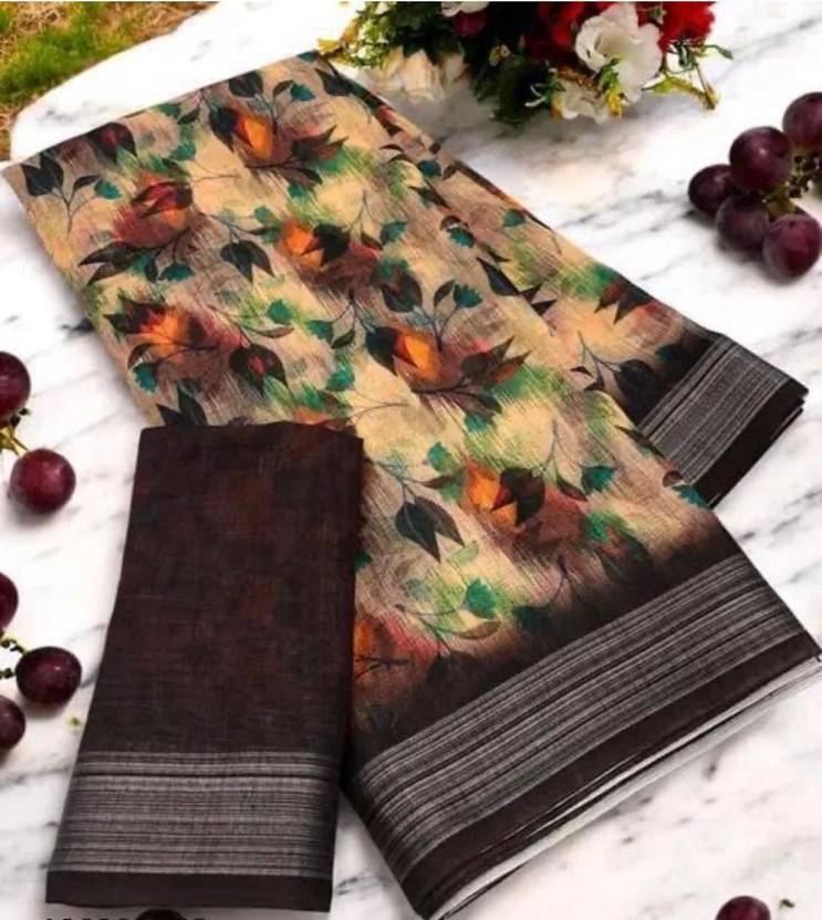 Anshal Floral Print, Self Design, Printed Daily Wear Cotton Linen Saree