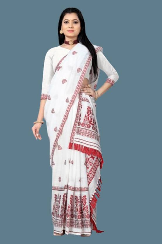 VARCREATION Woven, Floral Print, Self Design Mekhela Chador Pure Cotton Saree
