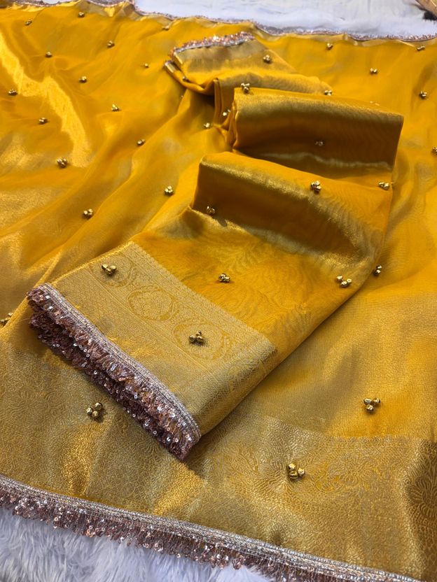 HouseofQueen बुना हुआ बनारसी टिश्यु साड़ी (नीला) - Image 6