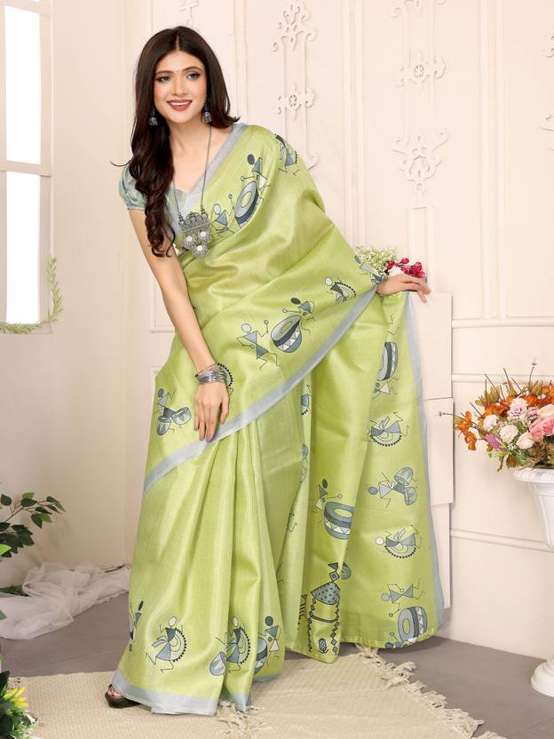 YASHIKA Printed Kalamkari Silk Blend, Art Silk Saree (Green)