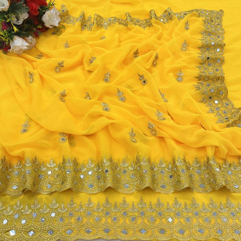 NERTA BOUTIQUE Self Design, Embroidered Bollywood Georgette Saree (Yellow)