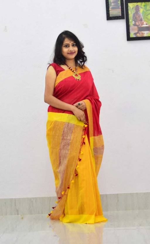 Balika bodhu Solid/Plain Handloom Cotton Silk Saree