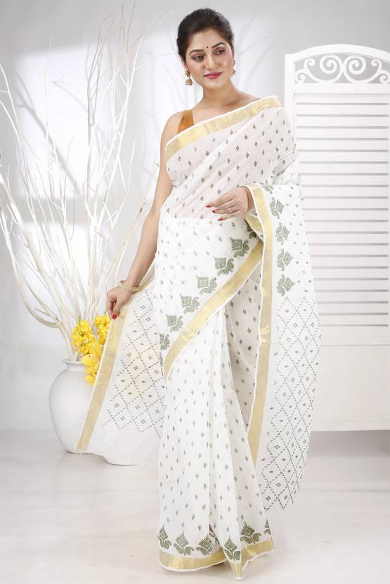 PuJoy Printed, Woven Tant Pure Cotton Saree