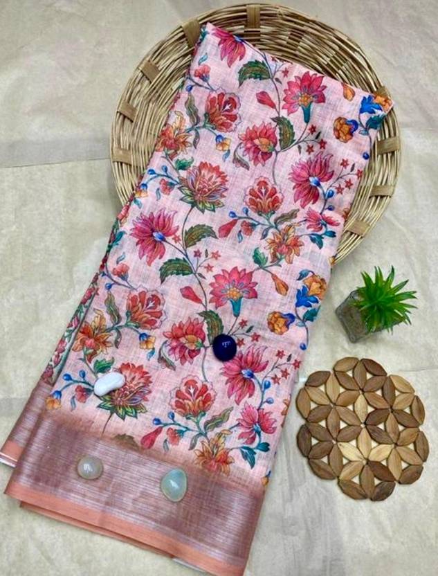 Anshal Floral Print Bollywood Cotton Linen Saree