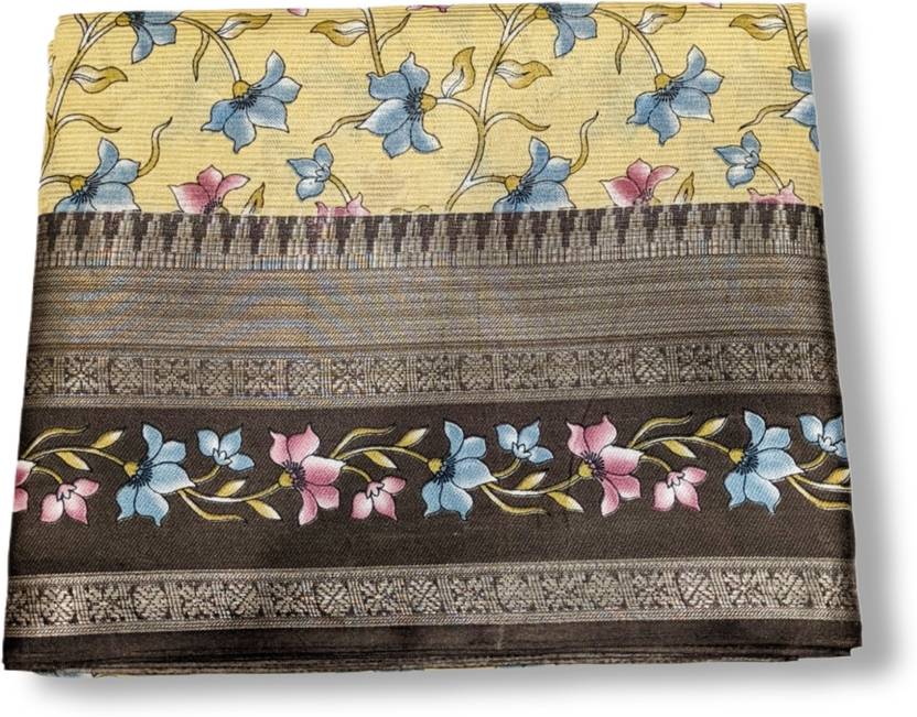 Vaibhavam Floral Print Daily Wear Dupion Silk Saree (Yellow)