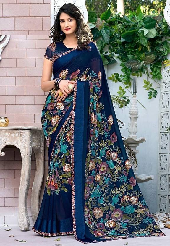 YASHIKA Printed Bollywood Georgette Saree (Blue)
